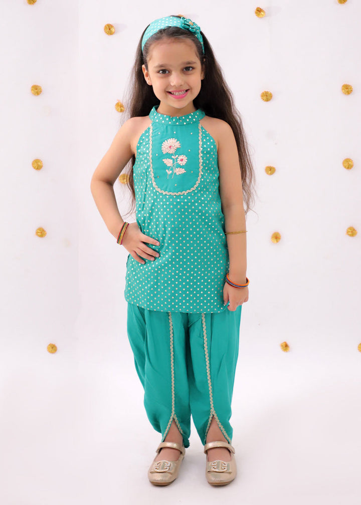Green Heart Pattern Foil Printed Kurta With Dhoti Set