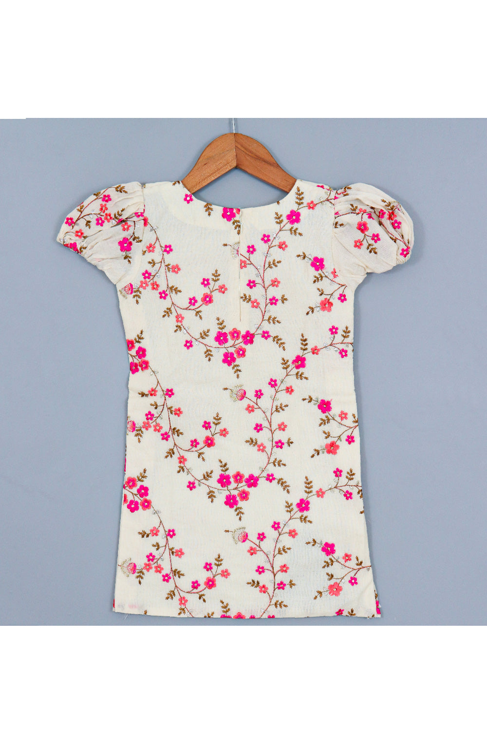 Off White Floral Embroidered Cotton Collared Dress