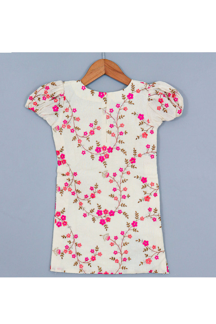 Off White Floral Embroidered Cotton Collared Dress