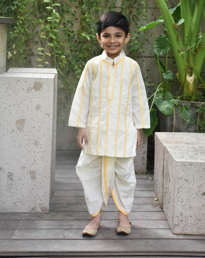 Off White Embroidered Cotton Kurta With Dhoti Set