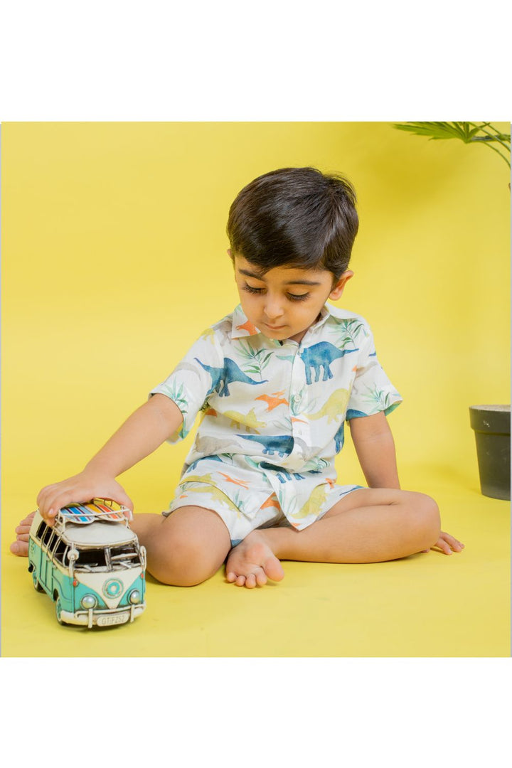 White Digital Printed Dinosaur Motif Cord Set