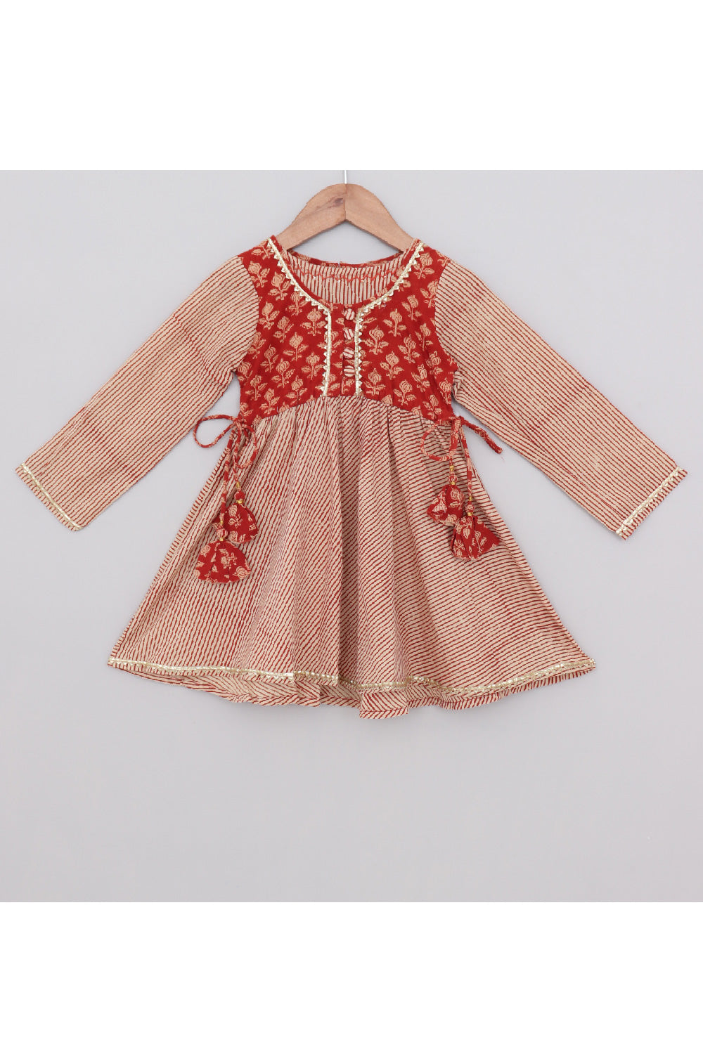 Maroon Stripes Printed Cotton Dress With Hand Block Printed Attached Jacket Set