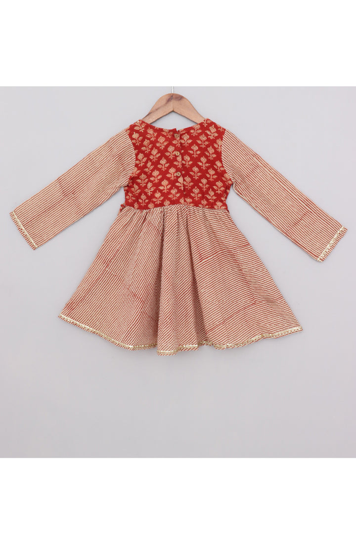 Maroon Stripes Printed Cotton Dress With Hand Block Printed Attached Jacket Set