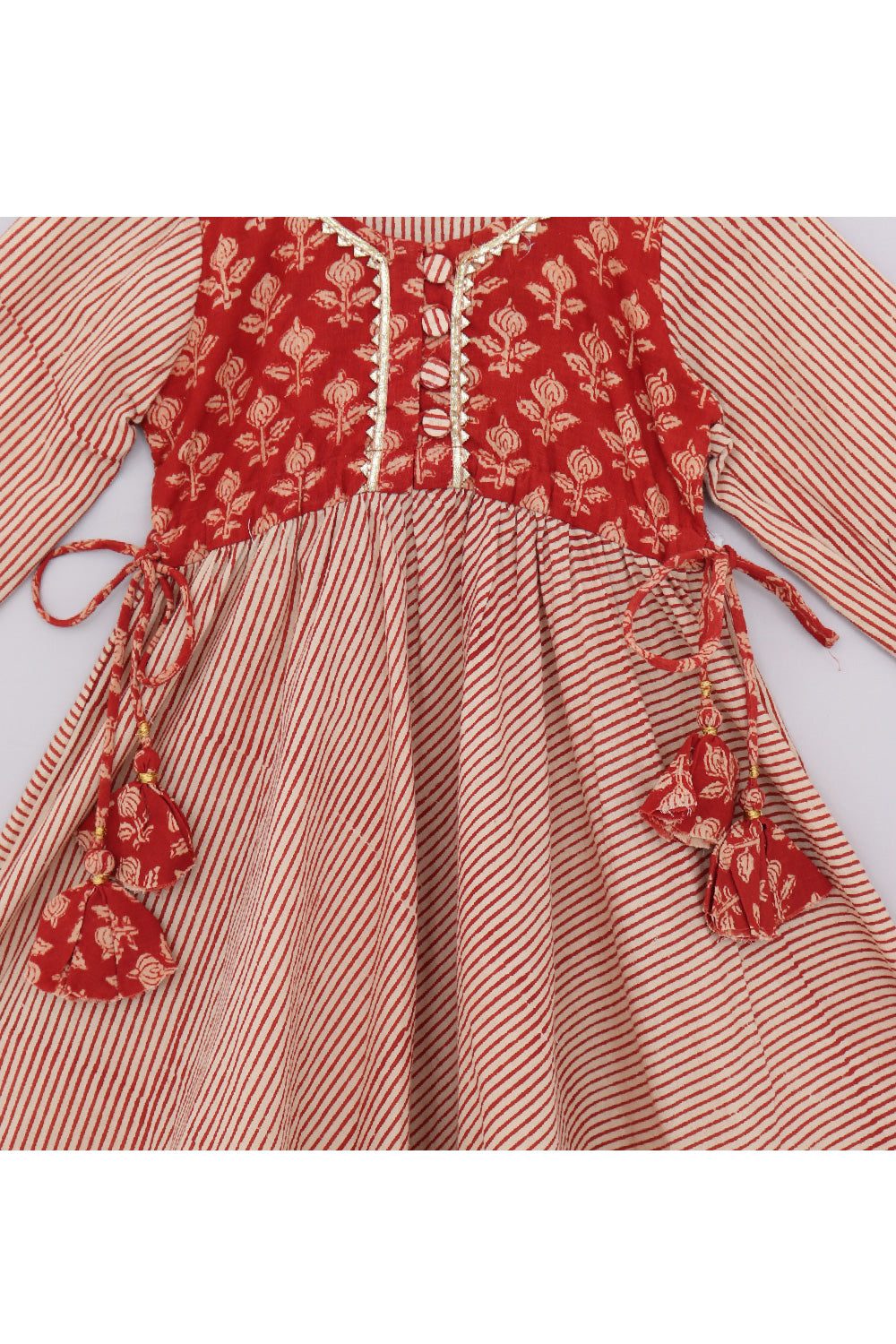 Maroon Stripes Printed Cotton Dress With Hand Block Printed Attached Jacket Set