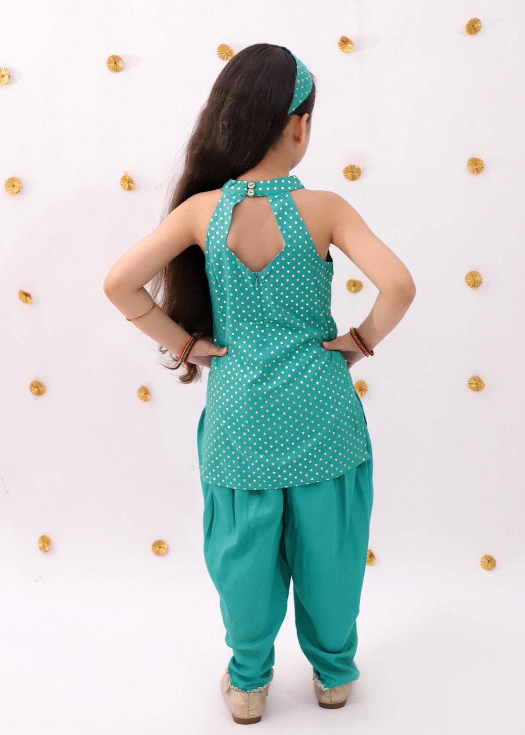 Green Heart Pattern Foil Printed Kurta With Dhoti Set