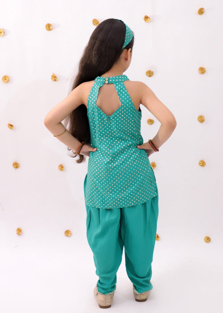 Green Heart Pattern Foil Printed Kurta With Dhoti Set