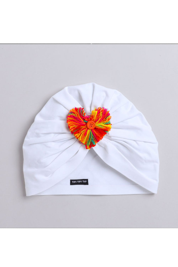 White Unisex Cotton Colorful Heart Pom Pom Turban