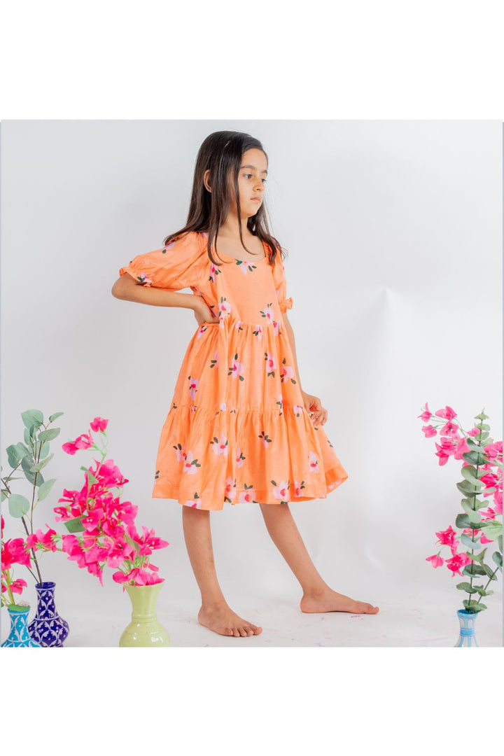 Orange Floral Printed Tier Dress