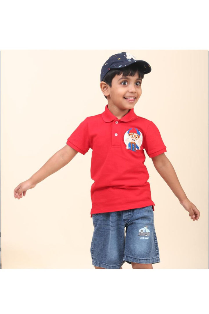 Red Hand Embroidered Blippi Polo T-shirt