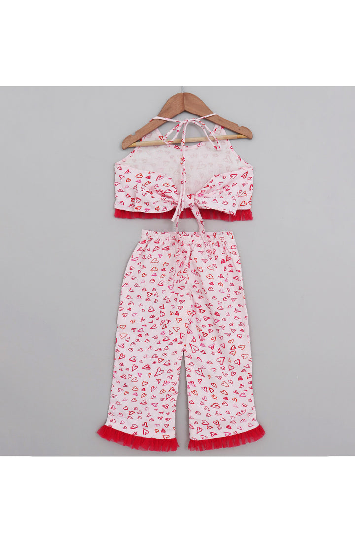 White And Pink Heart Printed Halter Neck Top With Palazzo Set