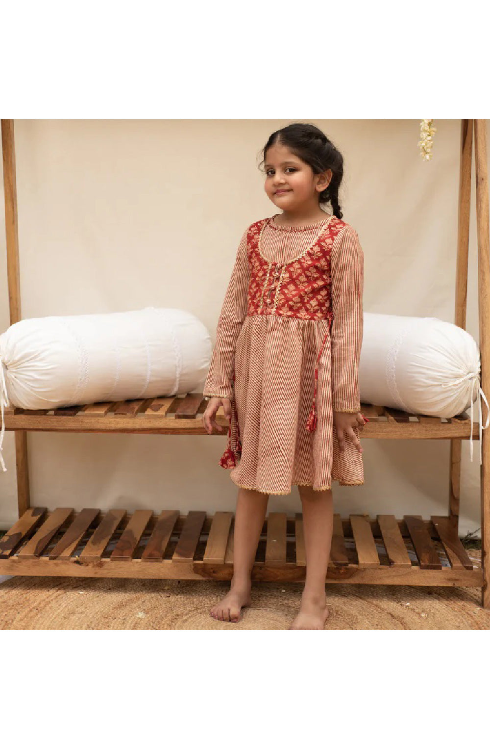 Maroon Stripes Printed Cotton Dress With Hand Block Printed Attached Jacket Set