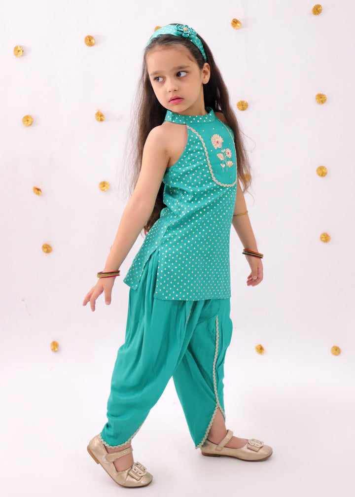 Green Heart Pattern Foil Printed Kurta With Dhoti Set