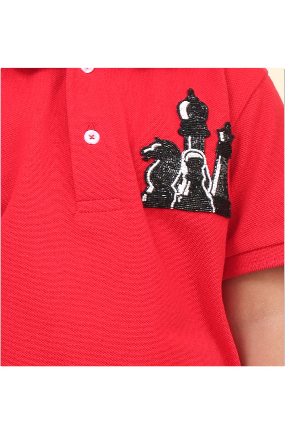Red Hand Embroidered Chess Polo T-shirt