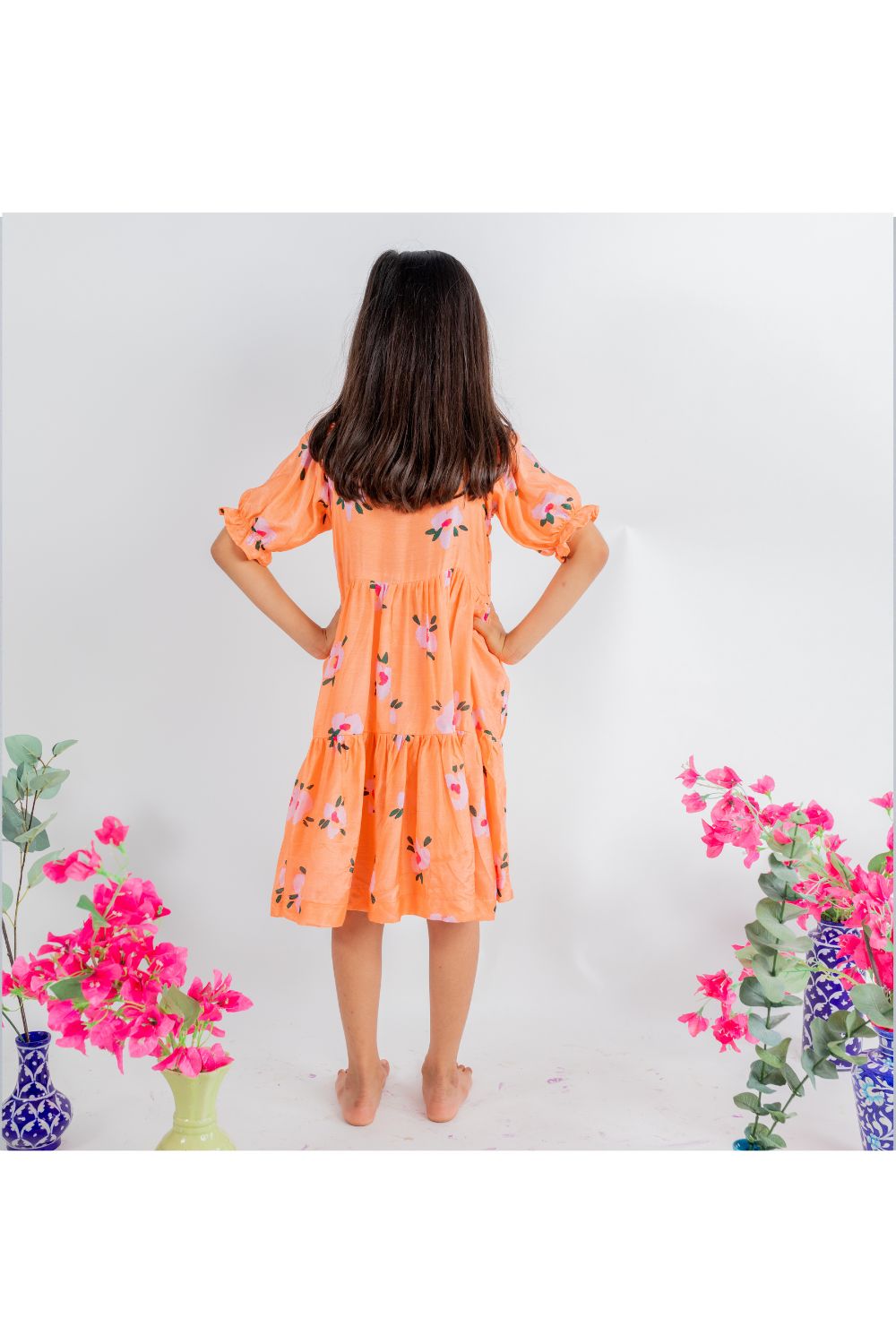 Orange Floral Printed Tier Dress