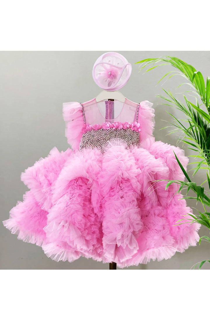 Pink Flowers And Pearls Embellished Net Dress With Detachable Bow