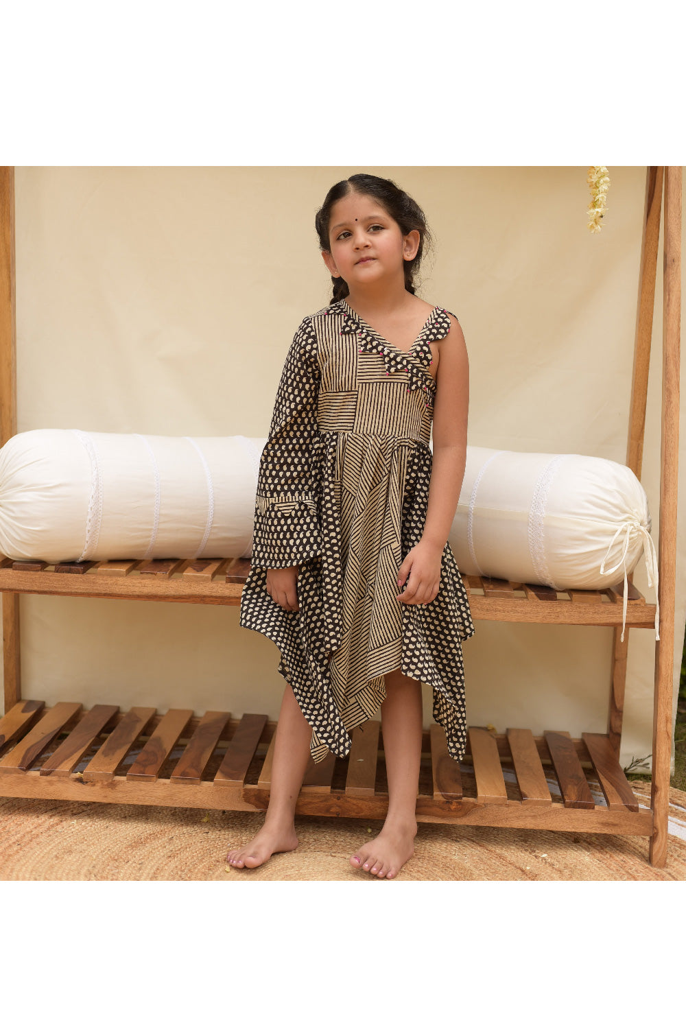Black And Beige Hand Block Printed Pure Cotton Dress