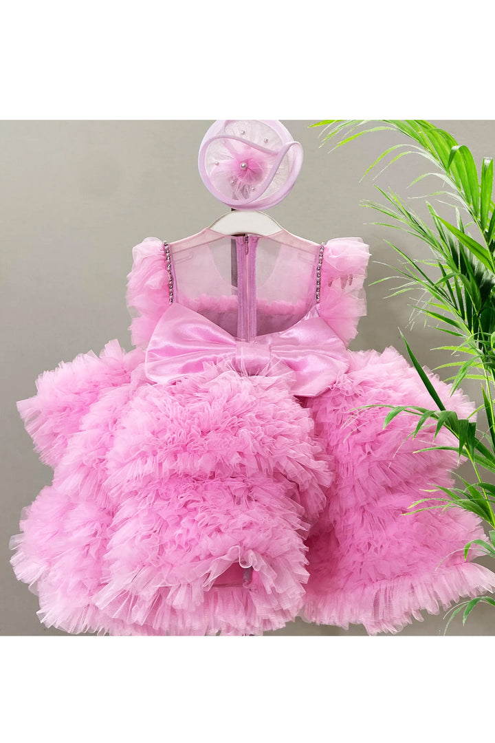 Pink Flowers And Pearls Embellished Net Dress With Detachable Bow