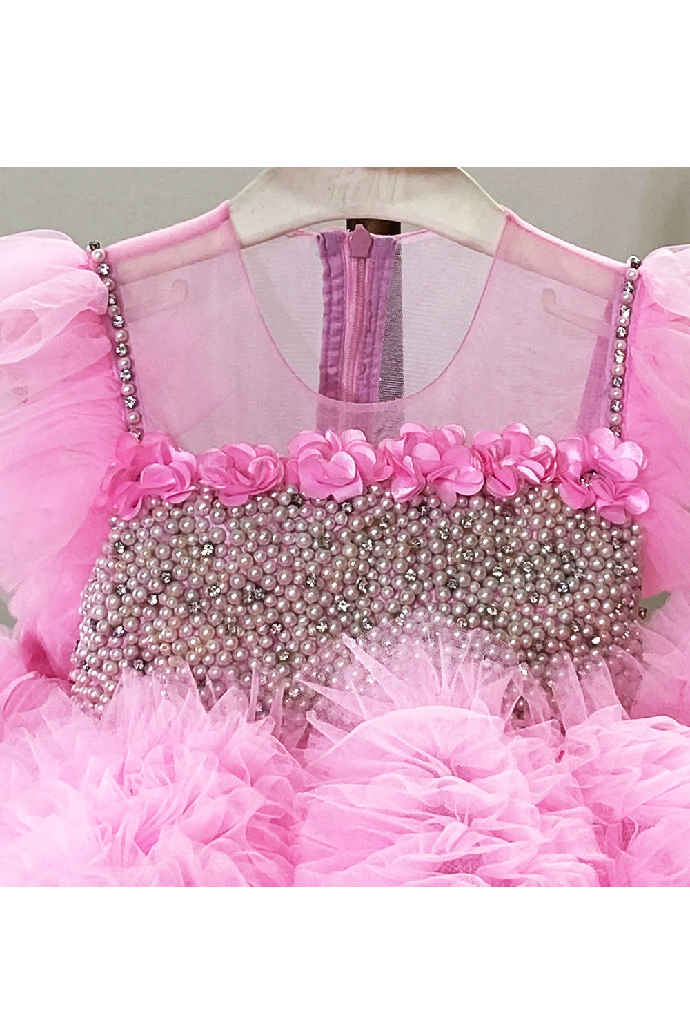 Pink Flowers And Pearls Embellished Net Dress With Detachable Bow