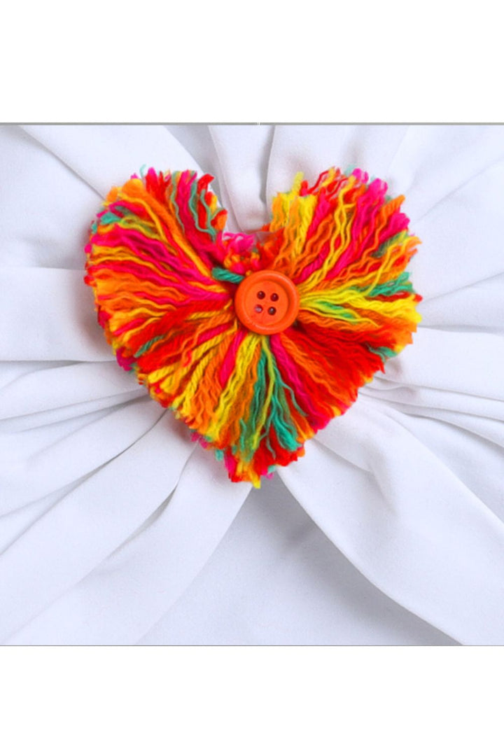 White Unisex Cotton Colorful Heart Pom Pom Turban