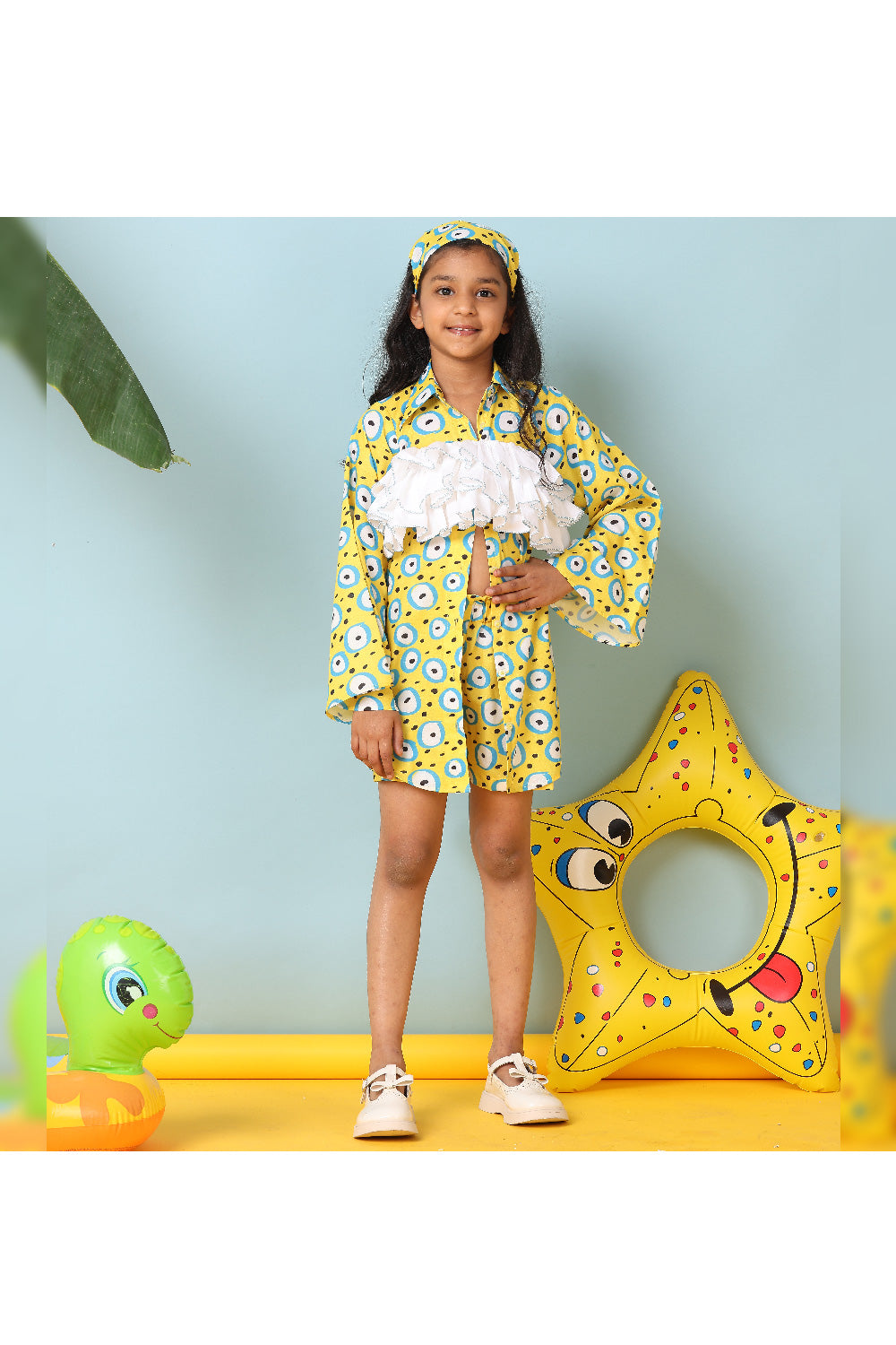 Yellow And White Evil Eye Printed Cotton Long Shirt With Short Set