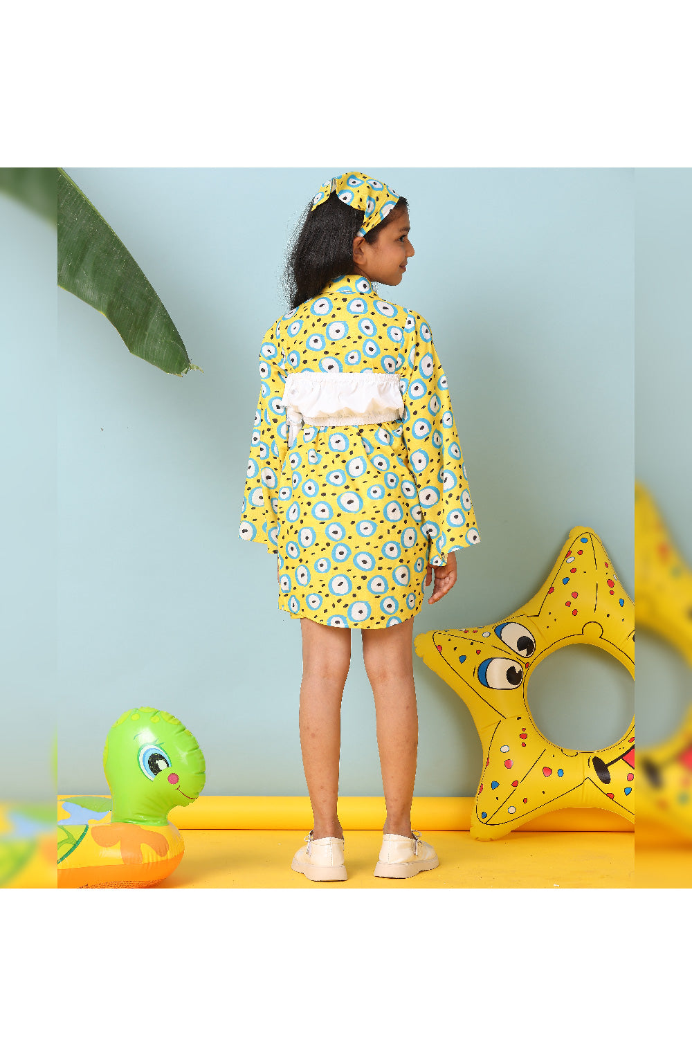 Yellow And White Evil Eye Printed Cotton Long Shirt With Short Set