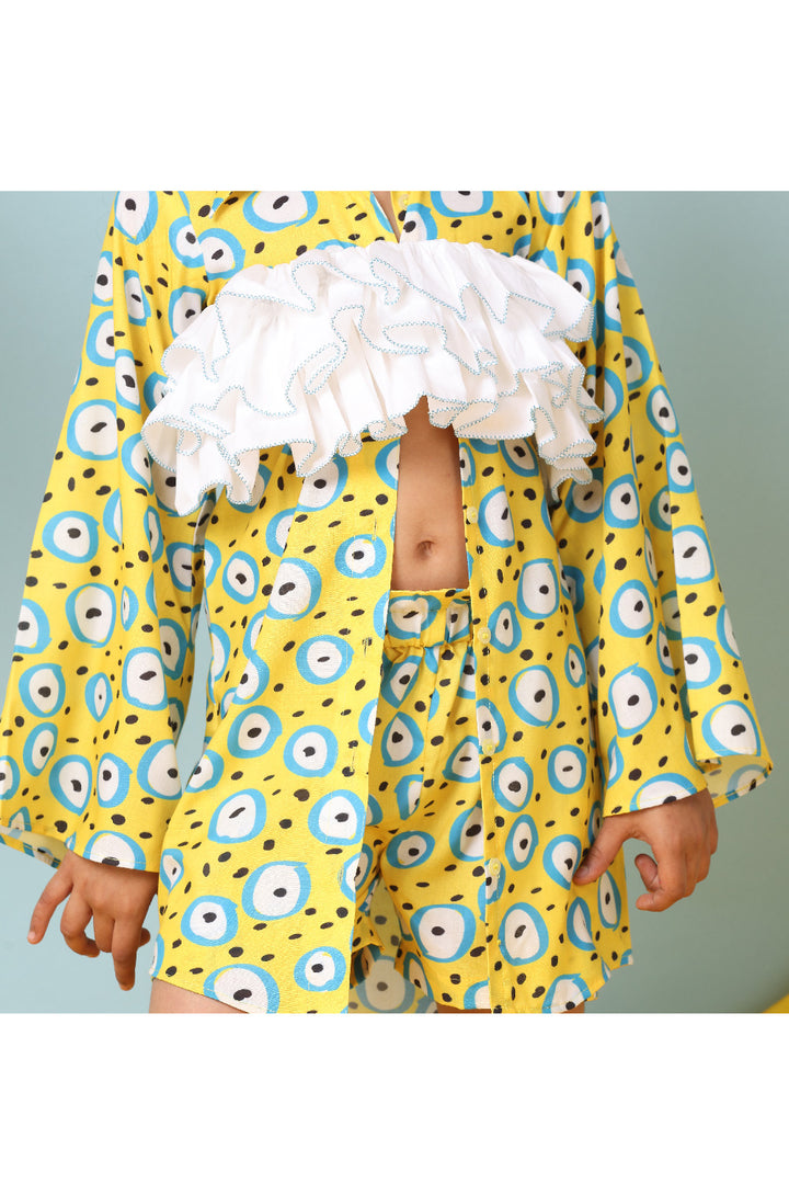 Yellow And White Evil Eye Printed Cotton Long Shirt With Short Set