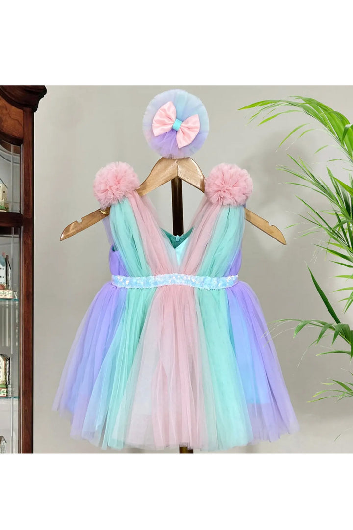 Multicolor Frilled Net Dress With Flowers At Shoulders