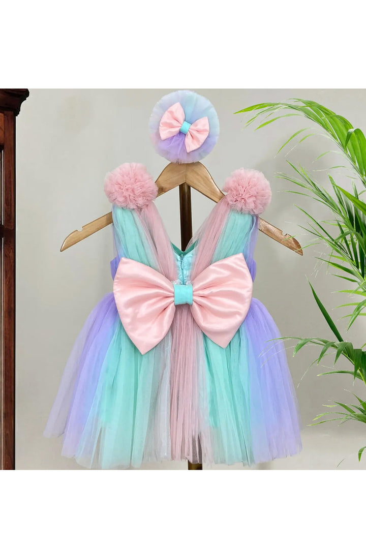 Multicolor Frilled Net Dress With Flowers At Shoulders