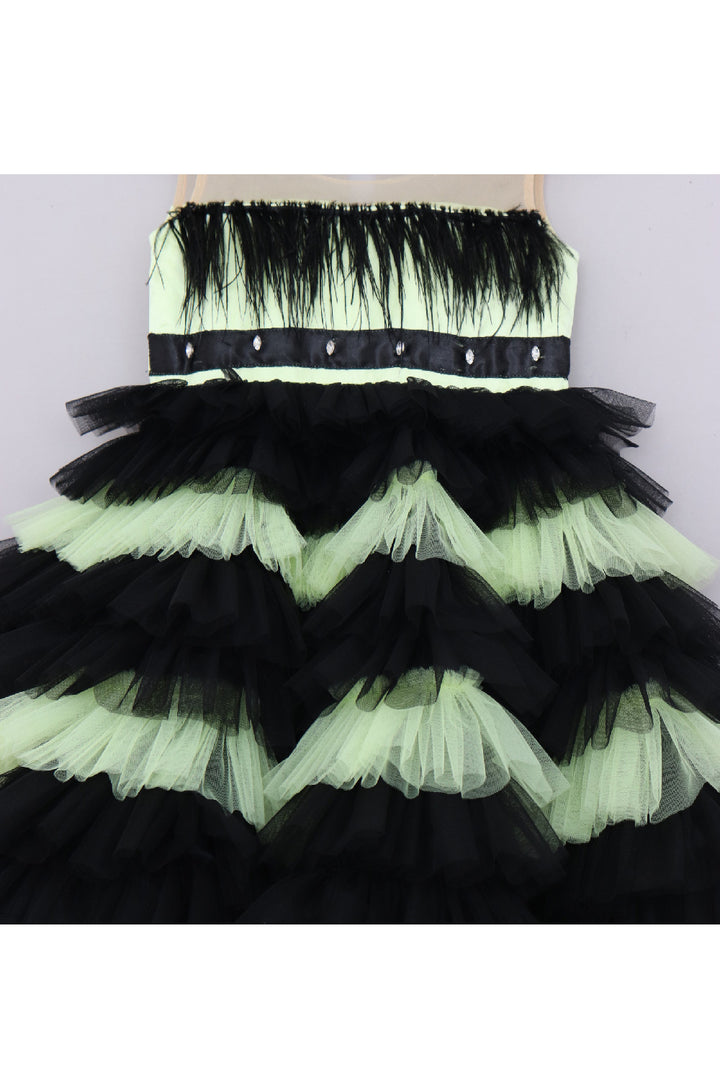 Black And Green Feather Detailing Frill Dress