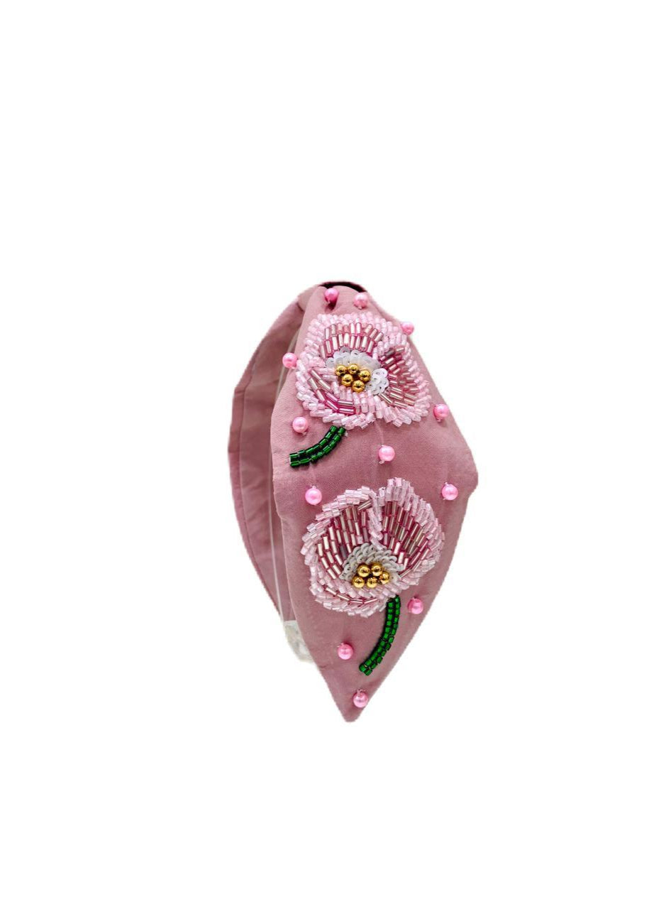 Pink Floral Handmade Embroidered Hairband