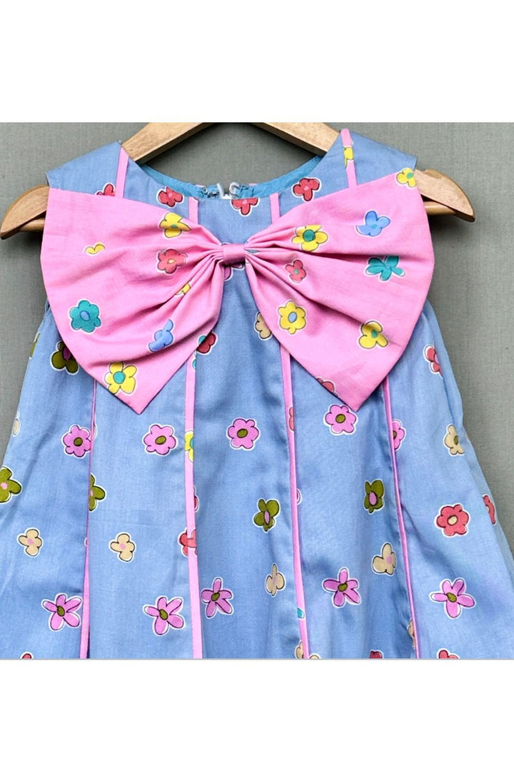 Sky Blue Floral Breeze Bow Sleeveless Dress