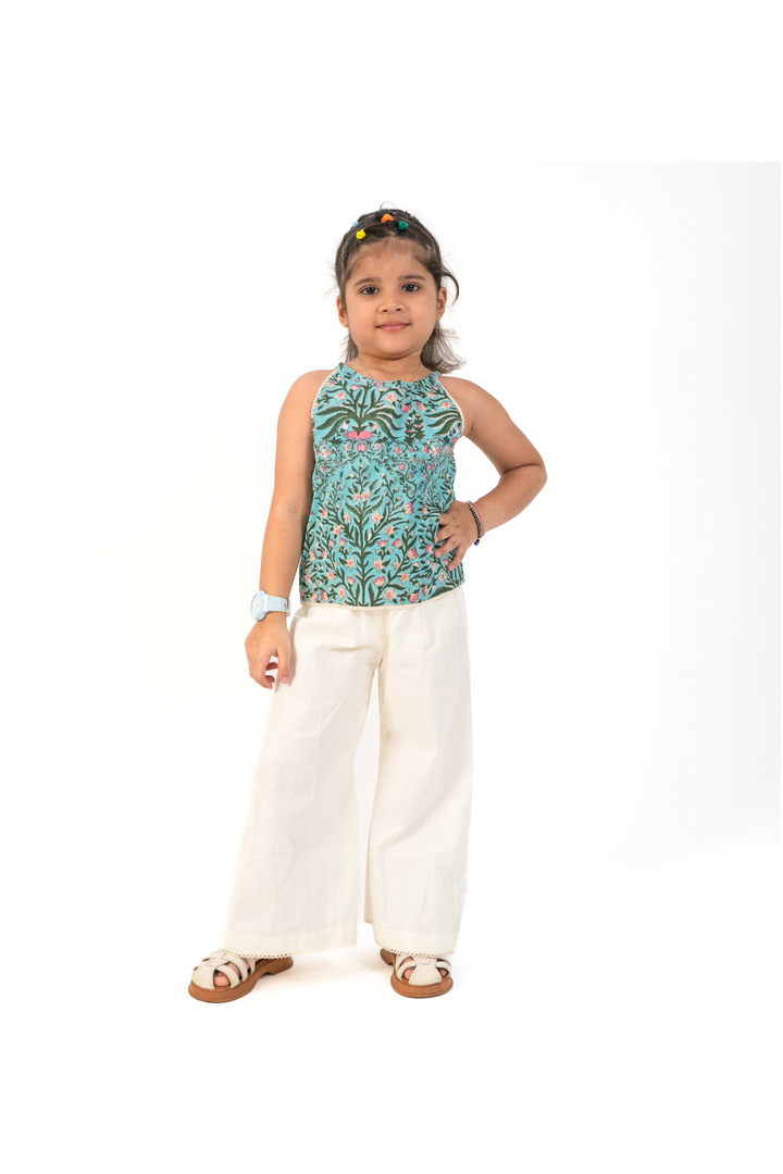 Blue Cotton Printed Top With White Palazzo Set