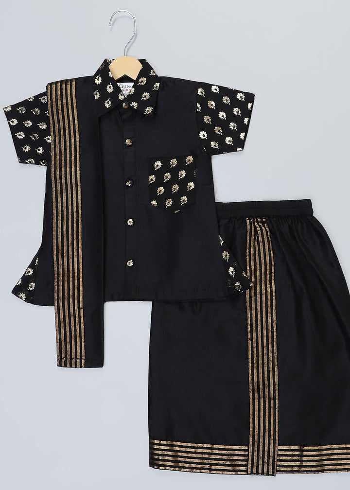 Black Cotton Silk Shirt Lungi With Patka Set