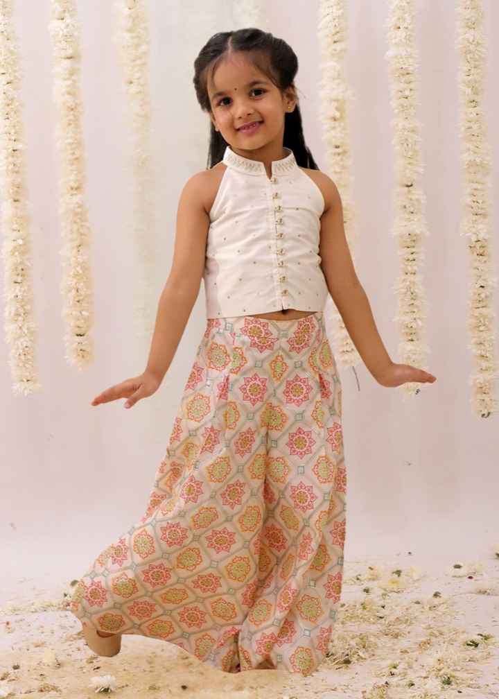 Mishti Off White Geometric Printed Top With Palazzo Set