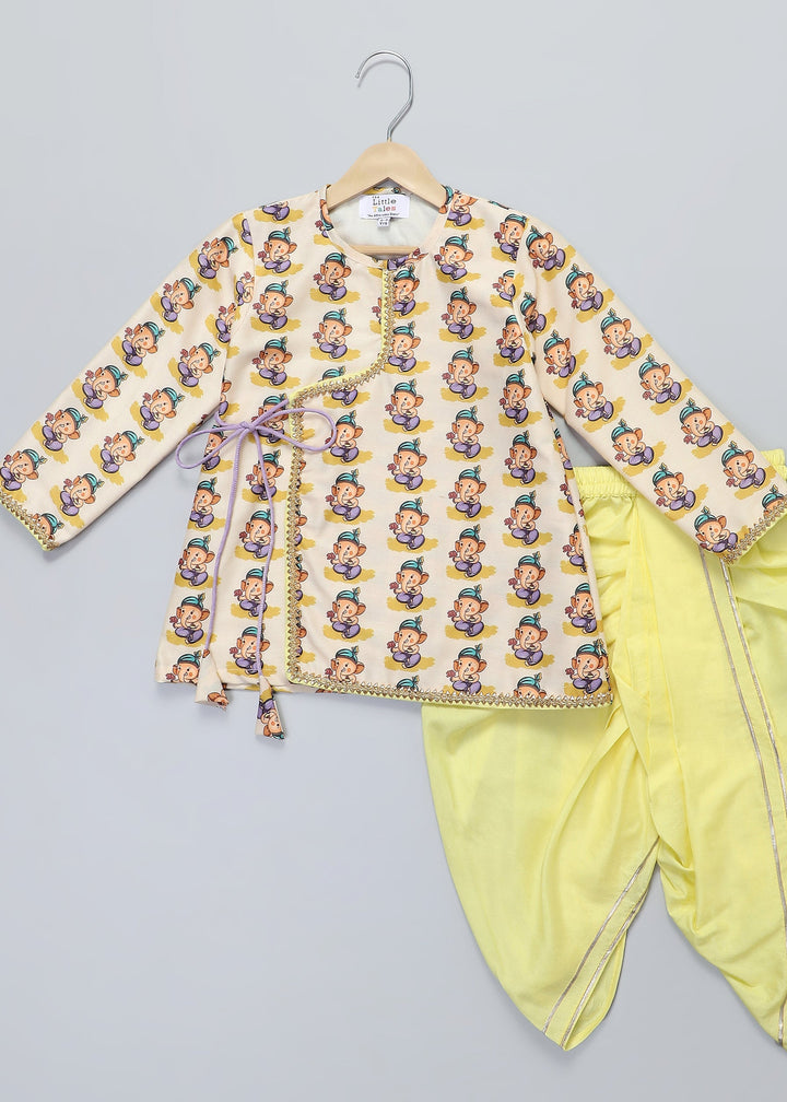 Off White Ganpati Printed Kurta With Yellow Dhoti Set