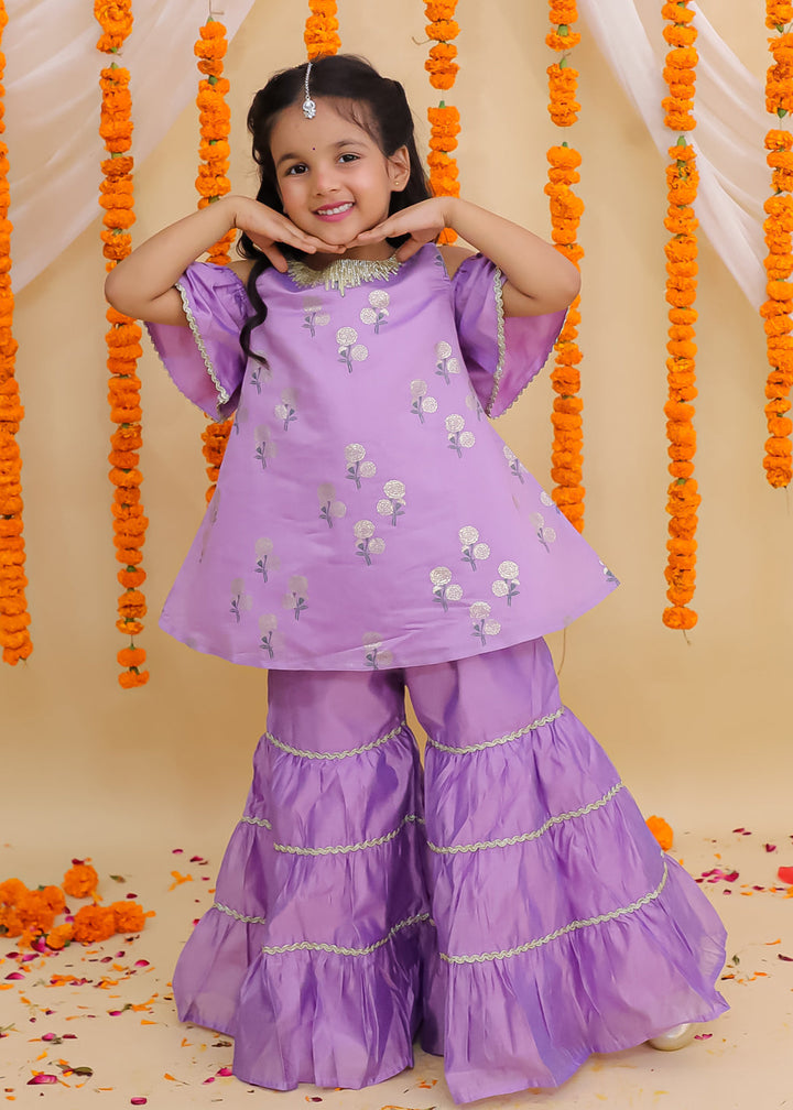 Mishti Purple Floral Printed Kurta Sharara With Dupatta Set