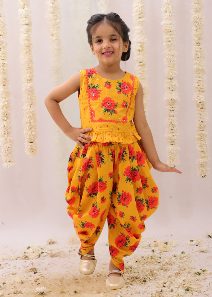Genda Phool Mustard Floral Printed Crop Top With Dhoti Set