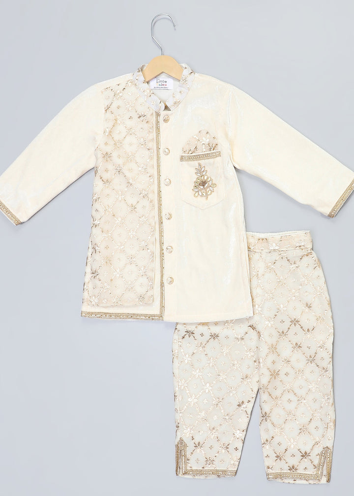 Off White Velvet Kurta With Chanderi Panel Set