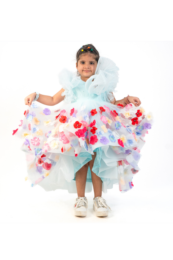 Blue Net Printed Butterfly Flower Beautified Frilled Frock