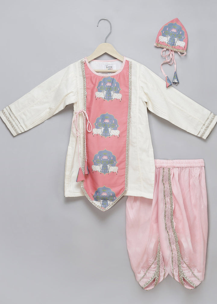 Pink Cow Printed Off White Kurta With Pyjama Set