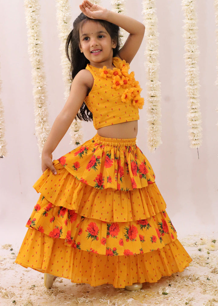 Genda Phool Mustard Floral Printed Choli With Lehenga Set