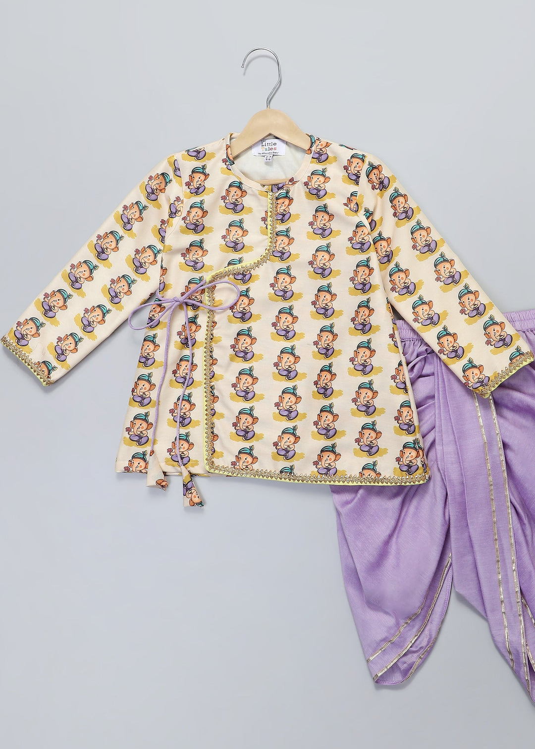 Off White Ganpati Printed Kurta With Yellow Dhoti Set