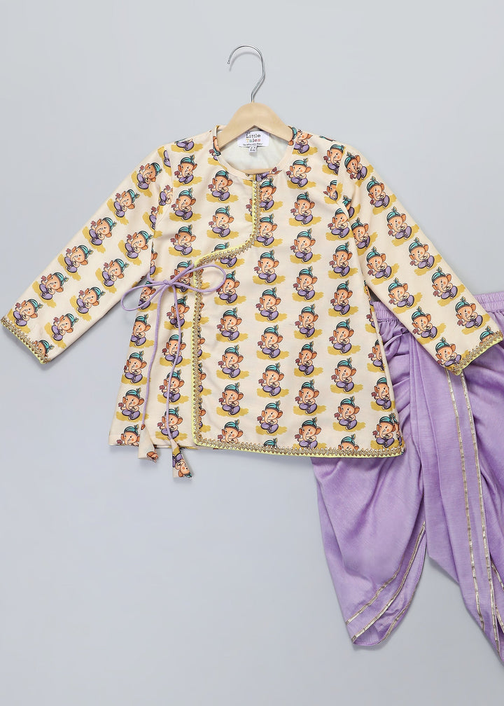 Off White Ganpati Printed Kurta With Yellow Dhoti Set