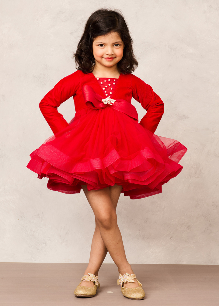 Red Velvet Embellished Bow With Allure Net Bottom Dress