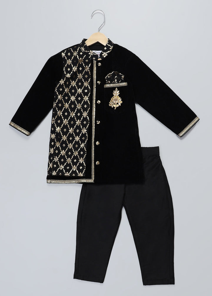 Black Velvet Kurta Pyjama With Chanderi Panel Set