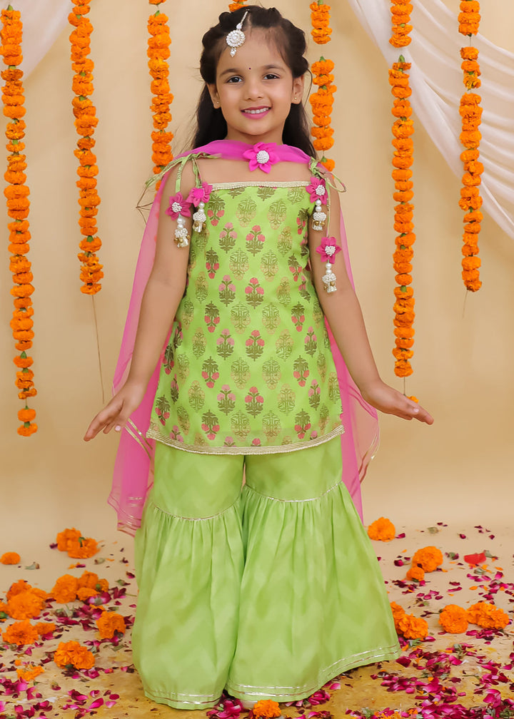 Green Abstract Printed Kurta Sharara With Dupatta Set