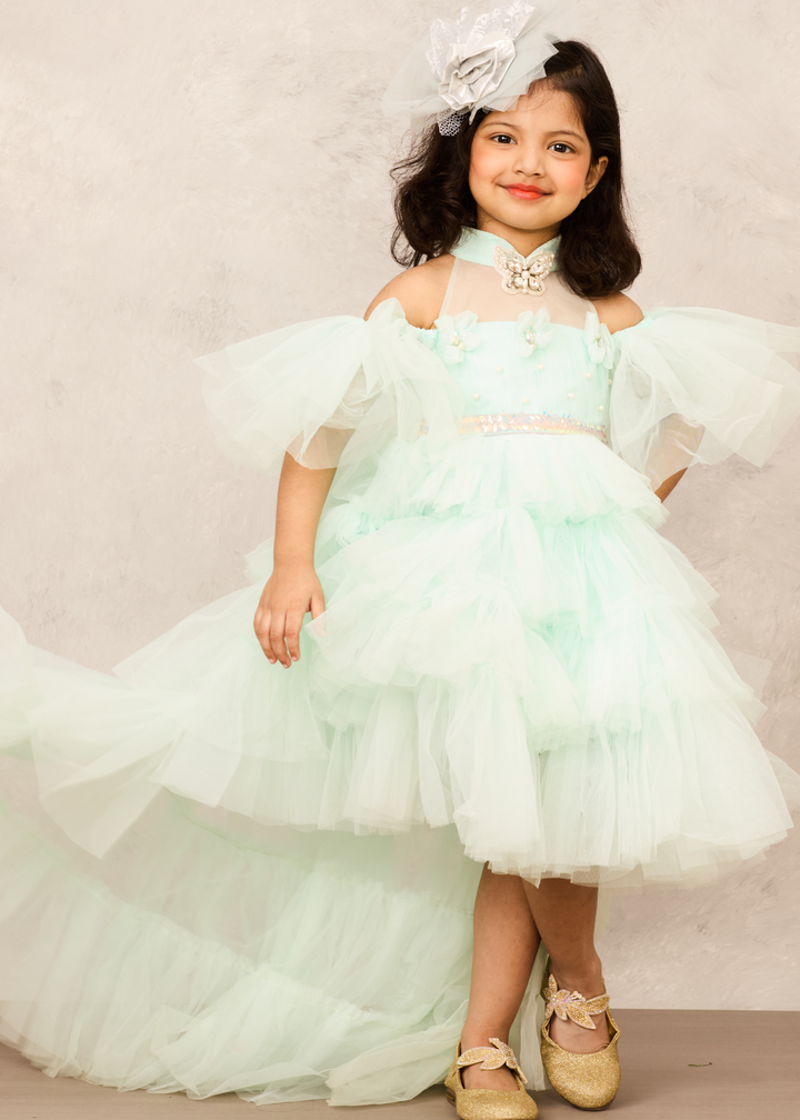 Aqua Blue With Butterfly Embellishment High Low Net Gown