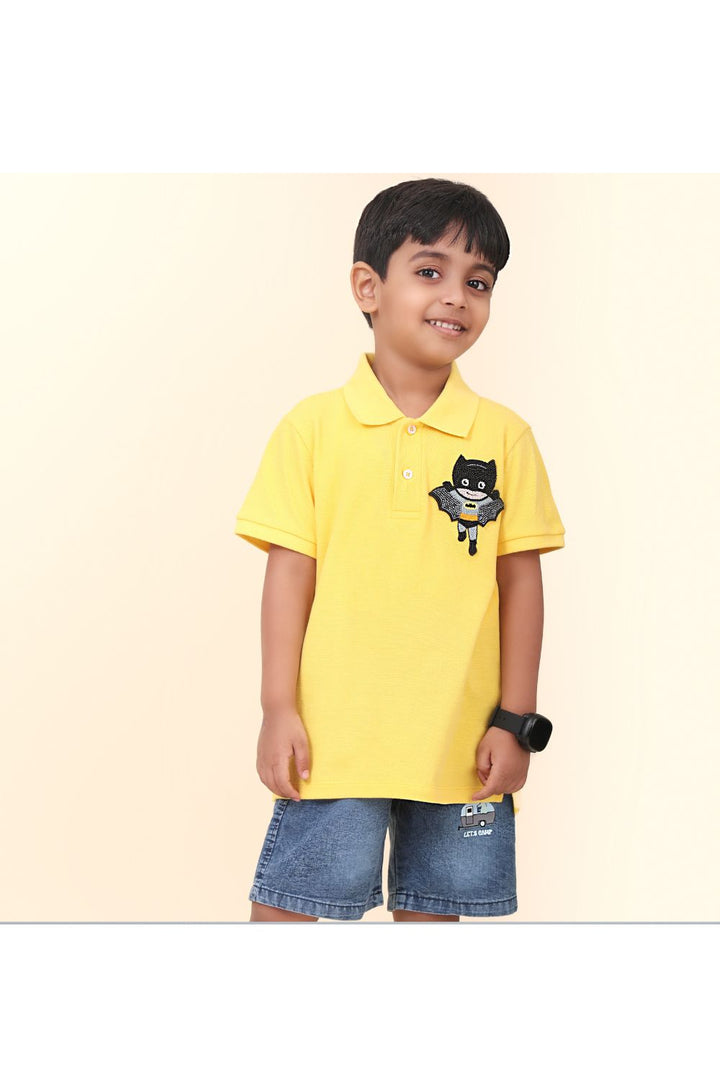 Yellow Hand Embroidered Batman Polo T-shirt