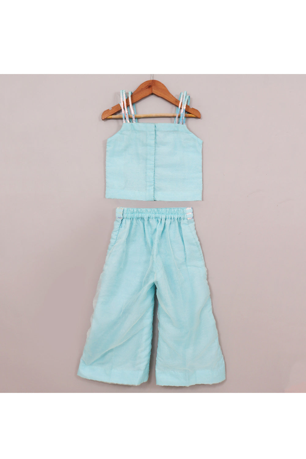 Blue Lace Detailing Cotton Silk Sleeveless Top With Palazzo Set