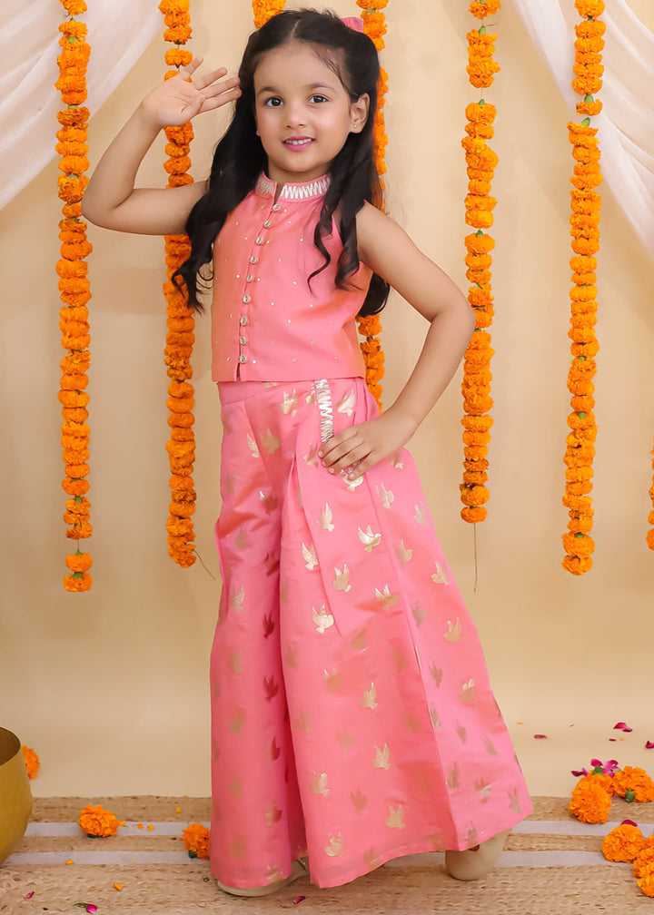 Mishti Peach Bird Printed Top With Palazzo Set